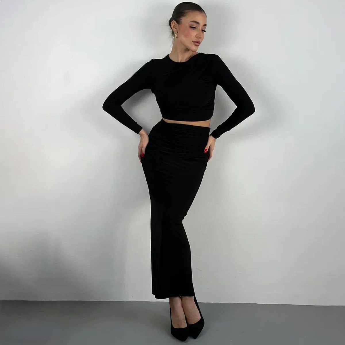 Autumn Sexy Two Pieces Set For Women Spring Solid Ruched Long Sleeve Crop Top and High Waist Bodycon Skirt Suits 251022