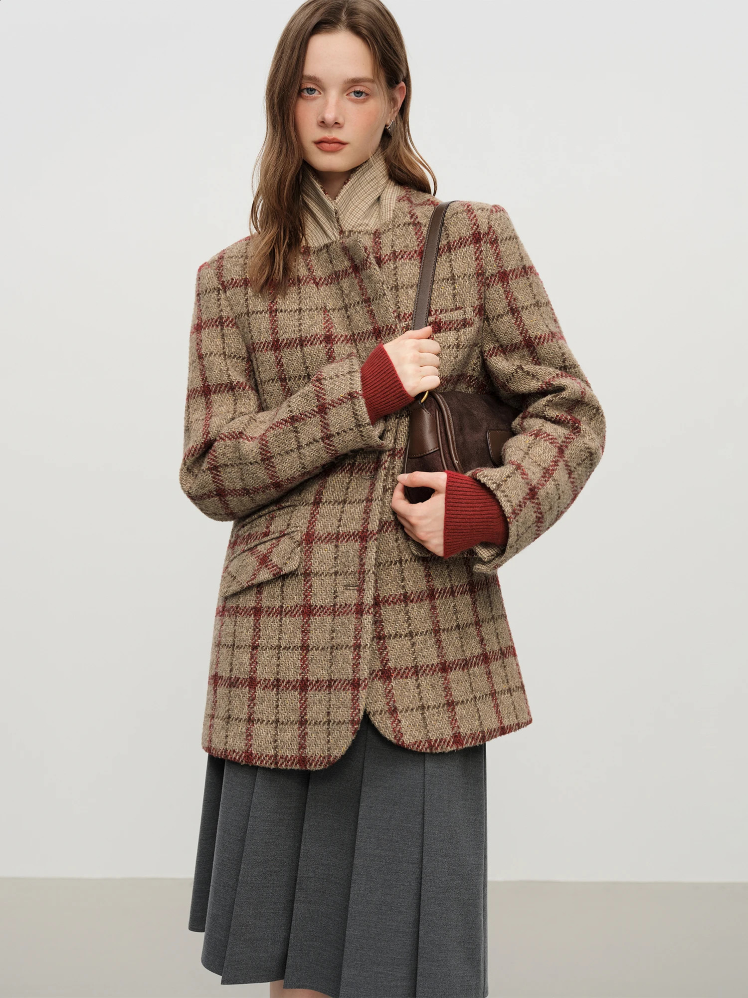 FSLE British Style Retro Check Wool Blazer Jacket Women Fall Winter Arrival Short Coat Tow Color Tailored 251013