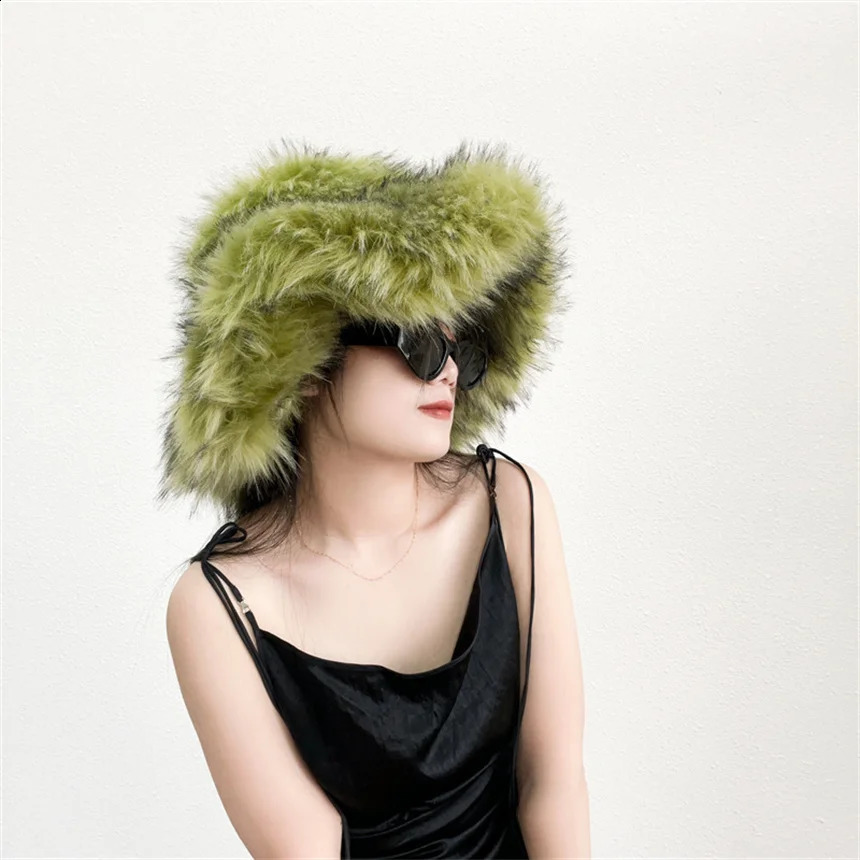 Fluffy Faux Fur Bucket Hats Y2k Women Raccoon Fur Hat Warm Thick Plush Winter Hat Lady Fashion Panama Furry Fisherman Cap 251022