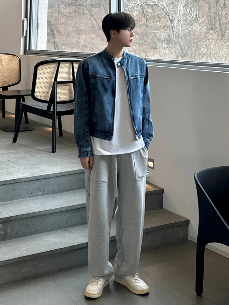 SYUHGFA Korean High Street Mens Denim Jackets Stand Collar Zipper Loose Solid Color Male Short Coats 2024 Autumn 251017