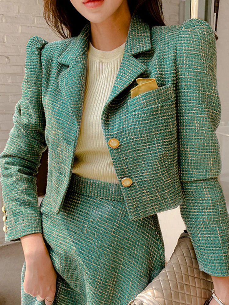 Fashion Office Lady Outfit Vintage Bule Long Sleeve Short Blazer Women Coat Suit Jacket Zipper Midi Skirt Business 2 Piece Sets 251022