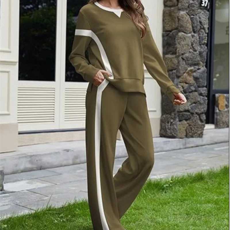 Womens Casual Sports Style Twopiece Fashionable White Striped Patchwork Longsleeved Top Paired With Loose Wideleg Pants SuitT251022