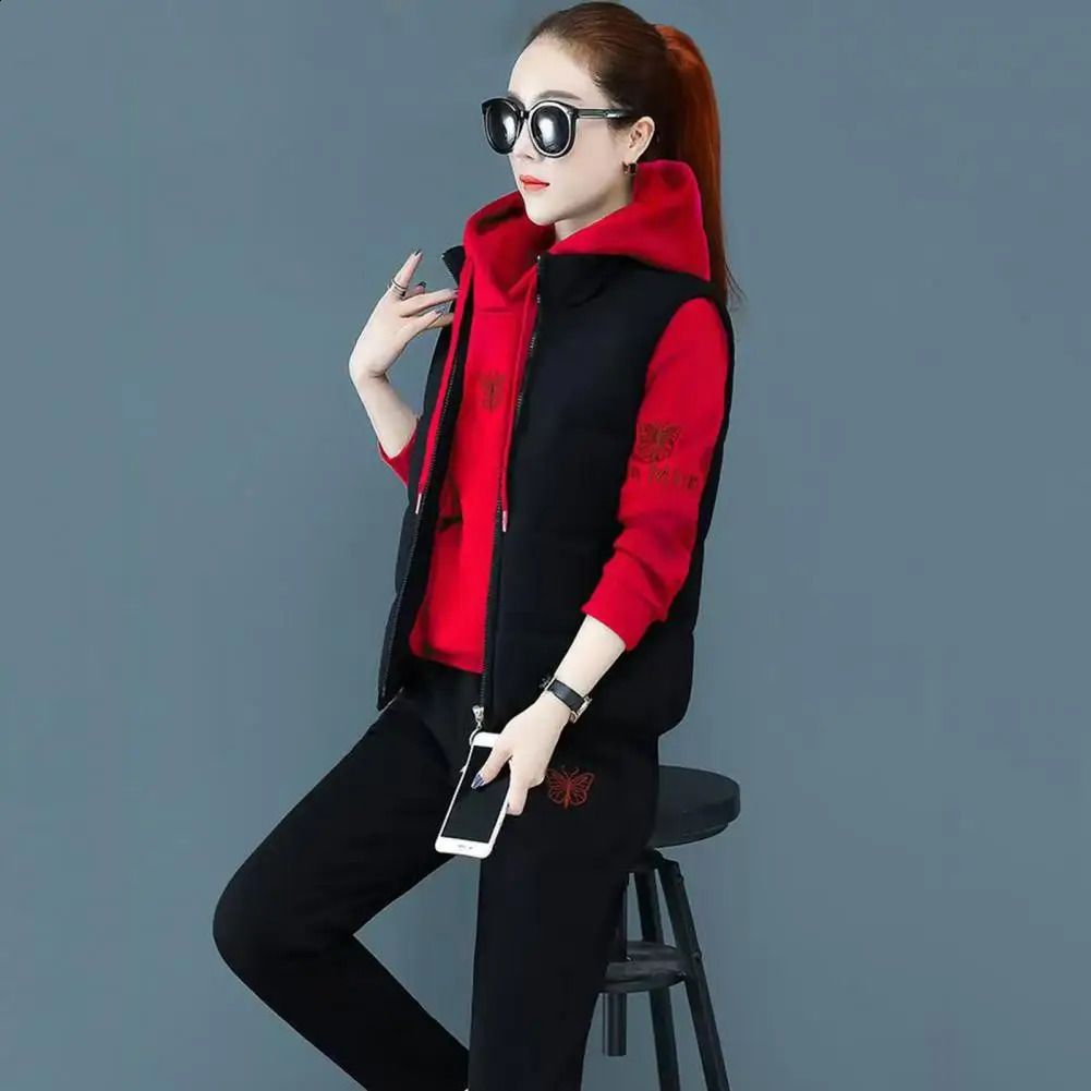 Autumn Winter Womens Casual Sweat Suit Fashion Plush Thickened Hooded Tops Waistcoat Pants 3 Three Piece Set For Women 251022