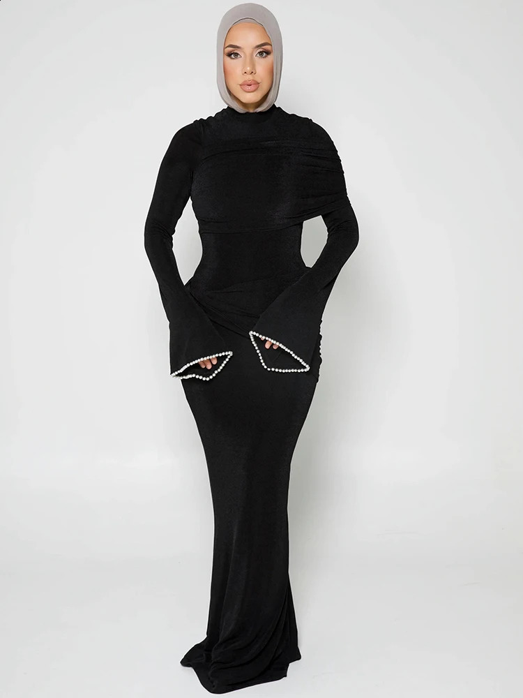 Nibber oNeck Maxi Dress Women Mesh Long Sleeves Folds Elegant Temperament Autumn Trend Skinny Solid Banquet Simple Vestidos 251022