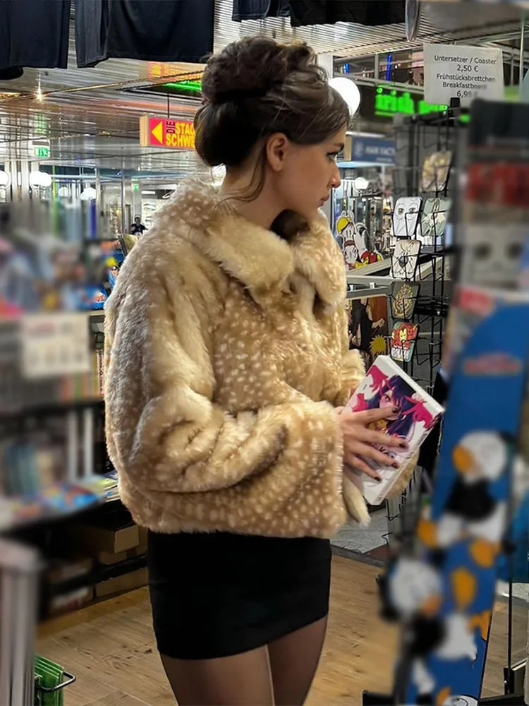 Fashion Faux Fur Plush Short Coat Womens Stylish Turndown Collar Full Sleeves Cropped Overcoat Autumn Winter Lady Top 251022