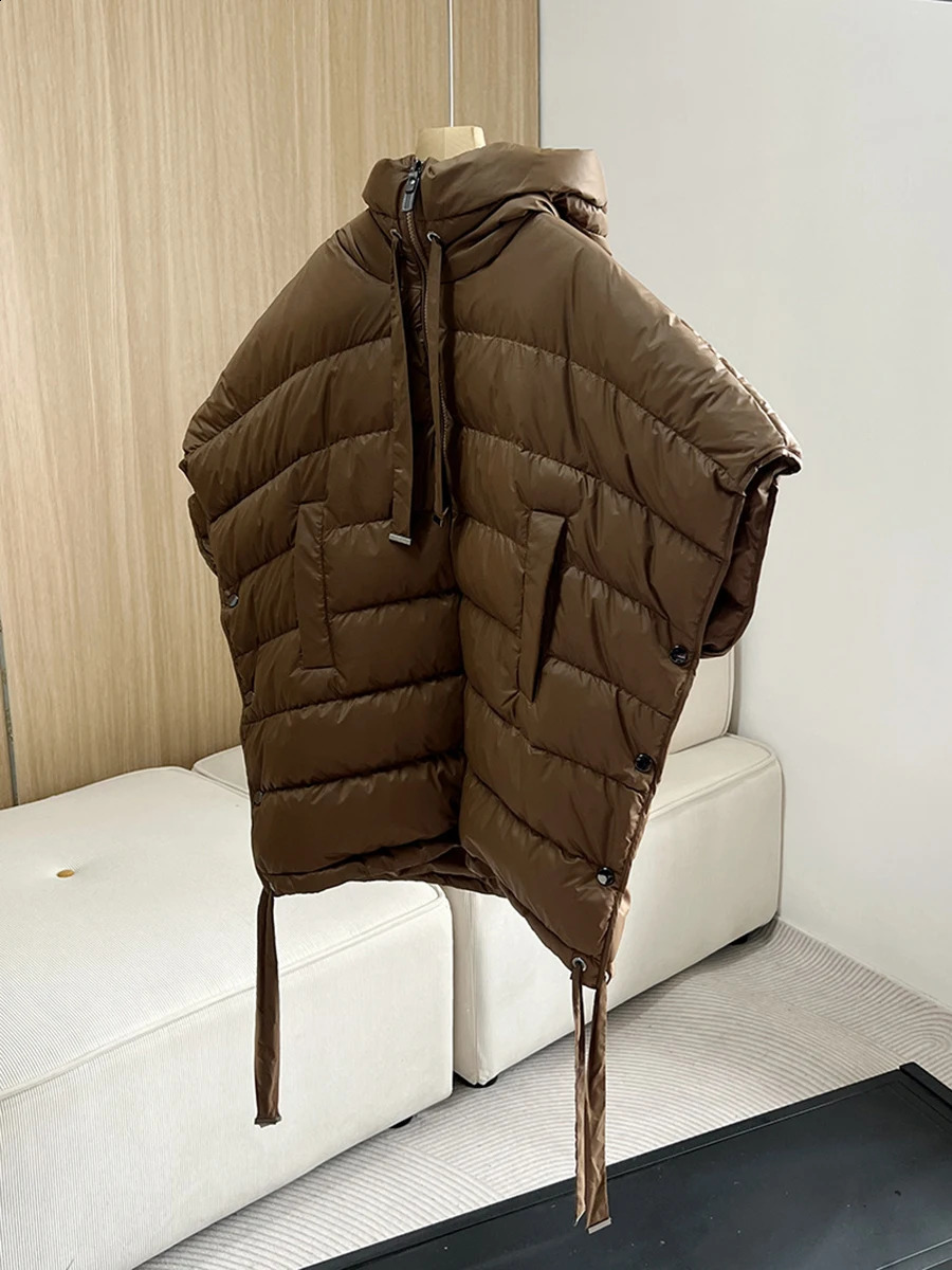 Schinteon Women 90 White Duck Down Irregular Vest with Hood Sleeveless Jacket Solid Fashionable Autumn Winter Top 251022