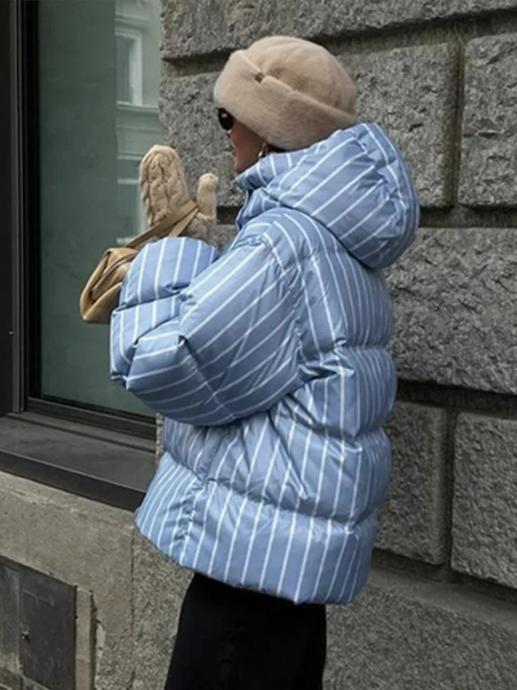 Winter Striped Womens Hooded Quilted Jacket Thicken Zipper Long Sleeve Short Coat Casual Female Loose Warm Outerwear 251021