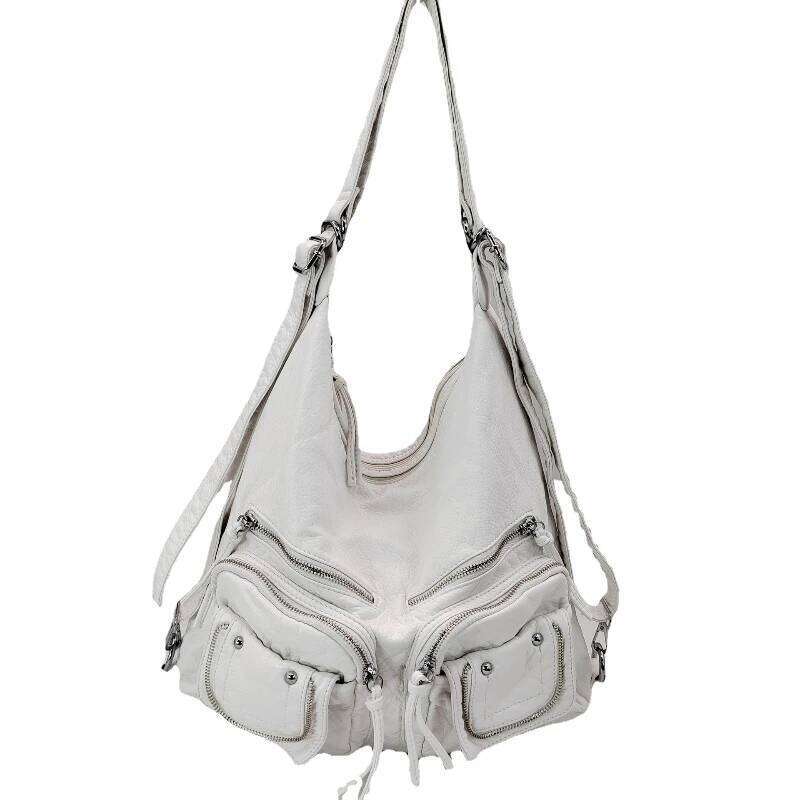 Retro Cool Girls Motorcycle Handbag Soft PU Leather Female Large Shoulder Bag Punk Multi Pocket Crossbody Backpack Mdng251023