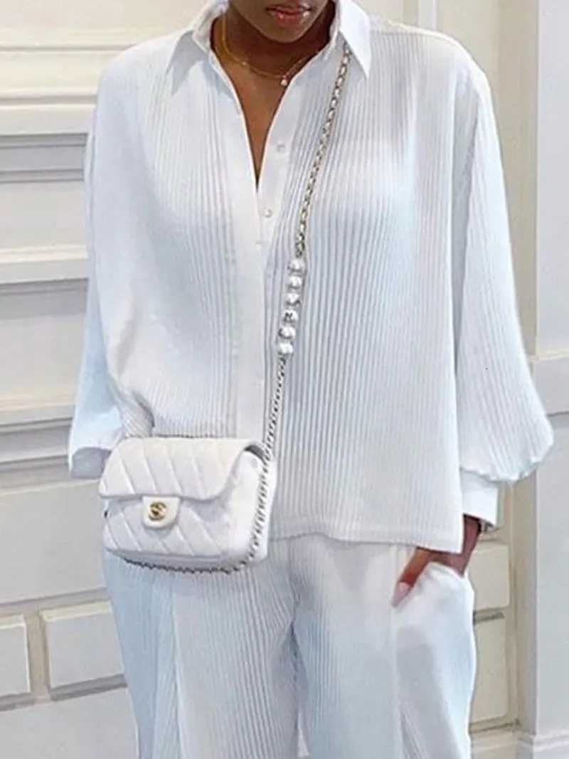 Classic Solid Shirt Pants Set Women Casual Loose Long Sleeved Lapel Elastic Waist Two Piece Suit 2025 New Summer Street OutfitT251022