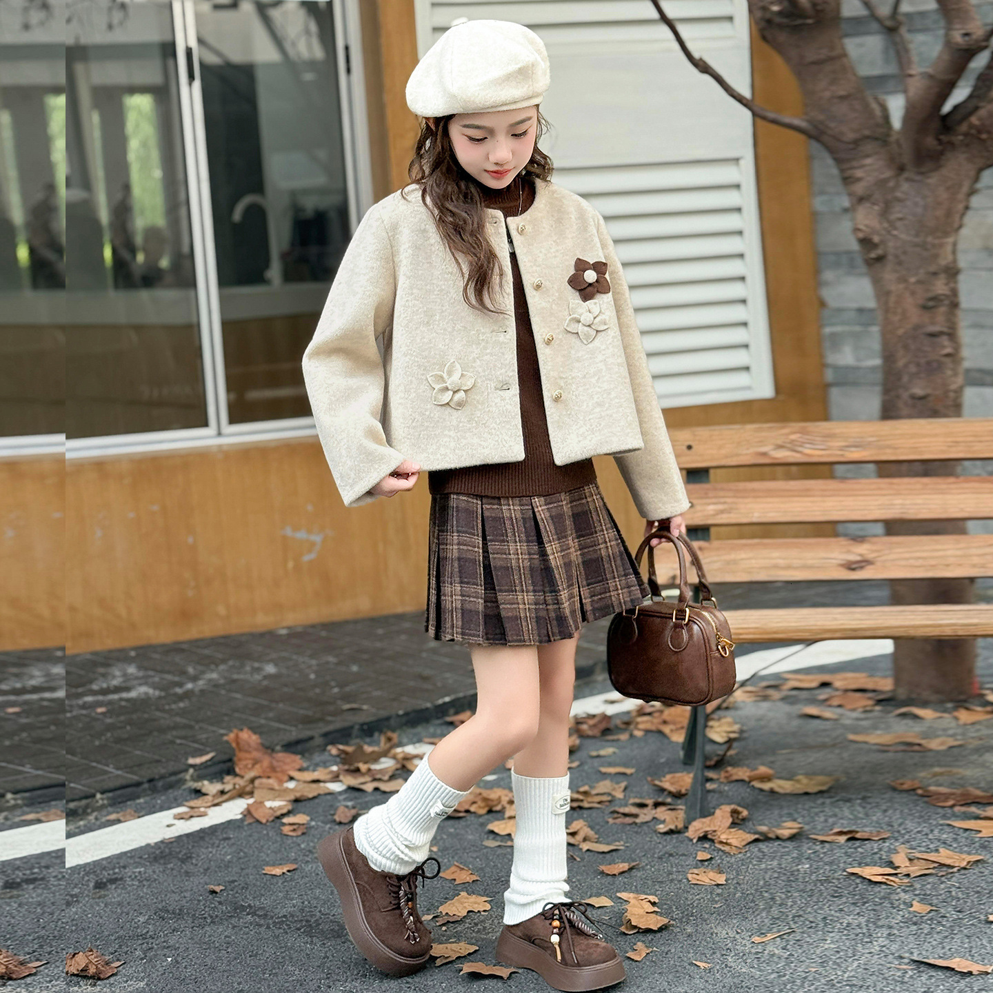 Girl Korean designer set autumn and winter new item plus size children's short jacket plaid skirt three piece set fashionable