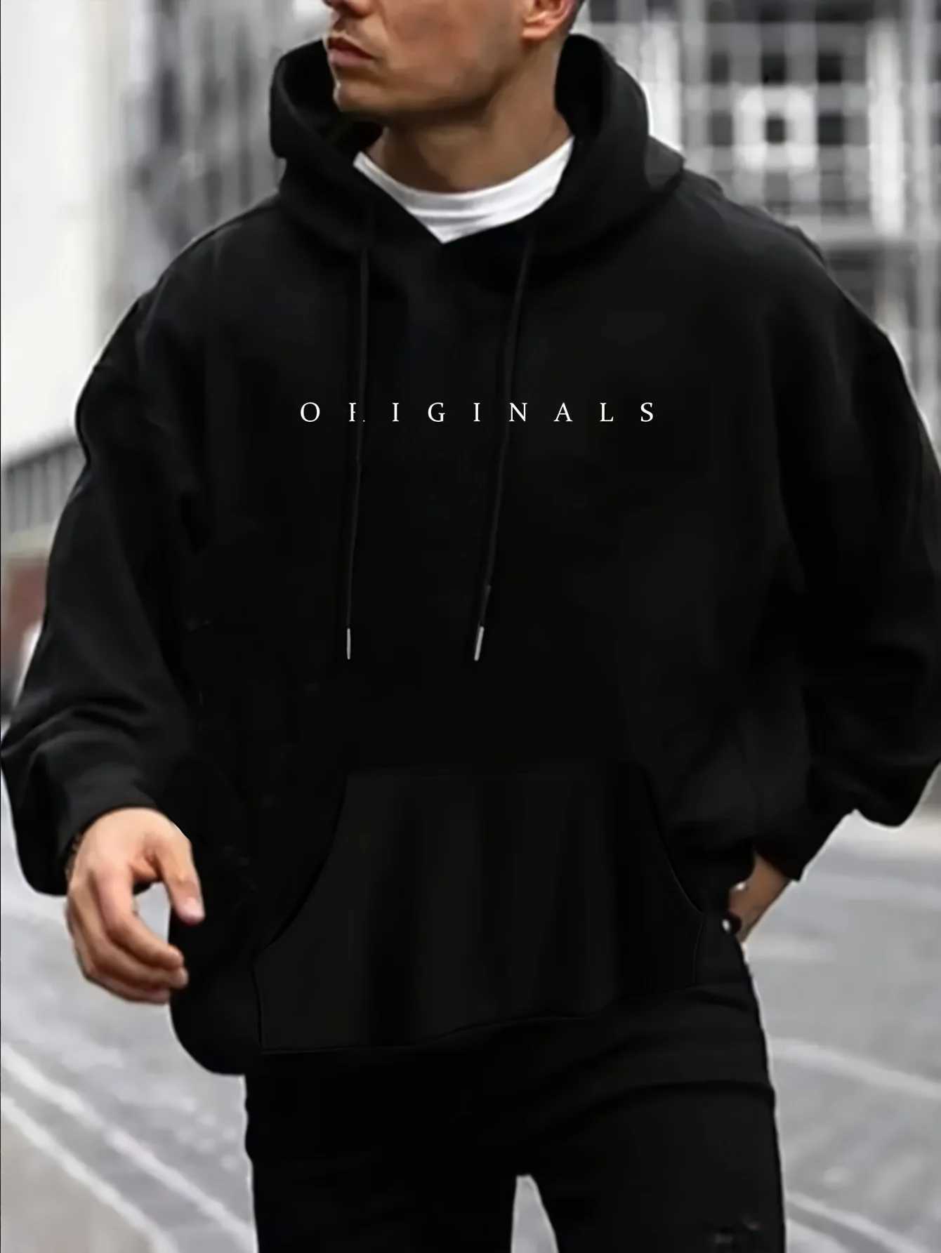 Mens autumn and winter casual fashion loose ORIGINALS letter printed long sleeved hooded sweatshirt warm pulloverT251023