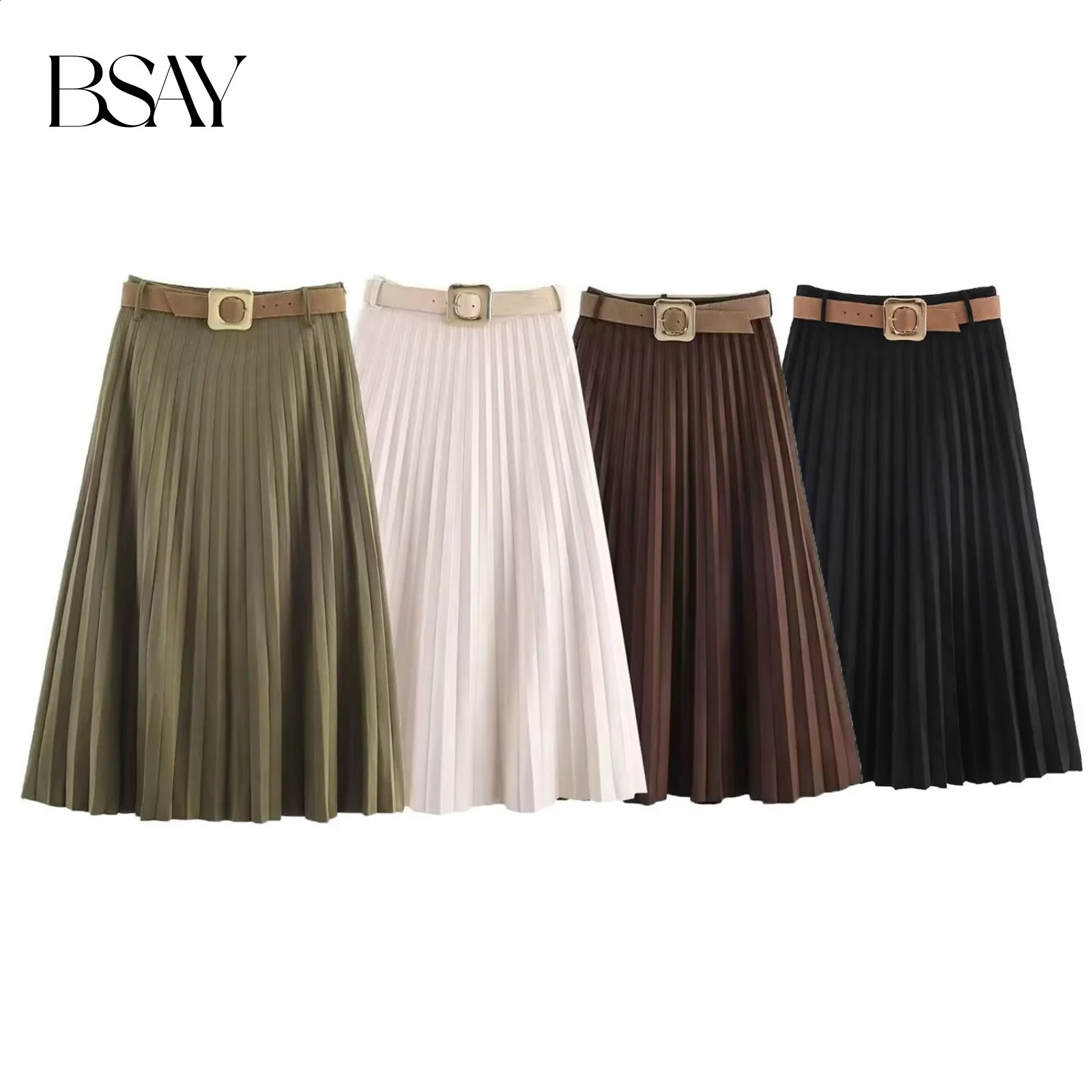 BSAY autumn product womens clothing fashion temperament solid color with belt pleated MIDI skirt long 251022