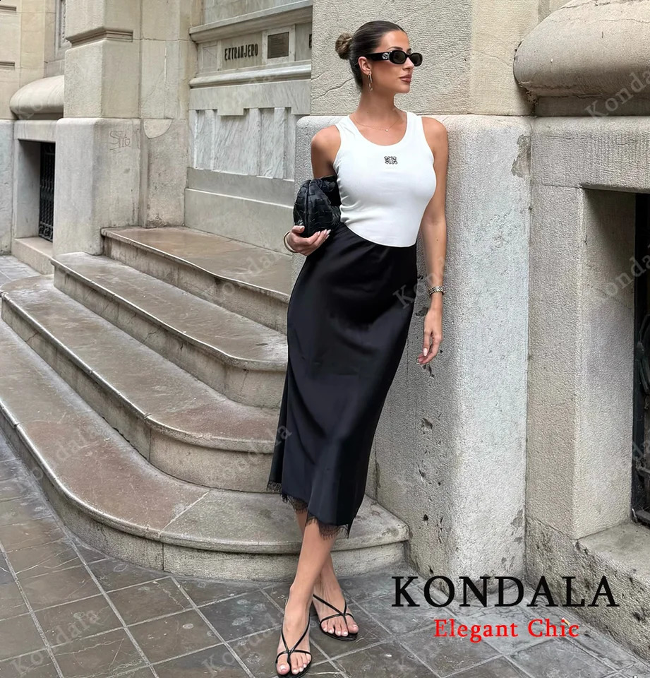 KONDALA Women y Black Brown Skirt Long Lace Satin Straight Autumn Fashion Elegant Party Dinner Mujer 251022