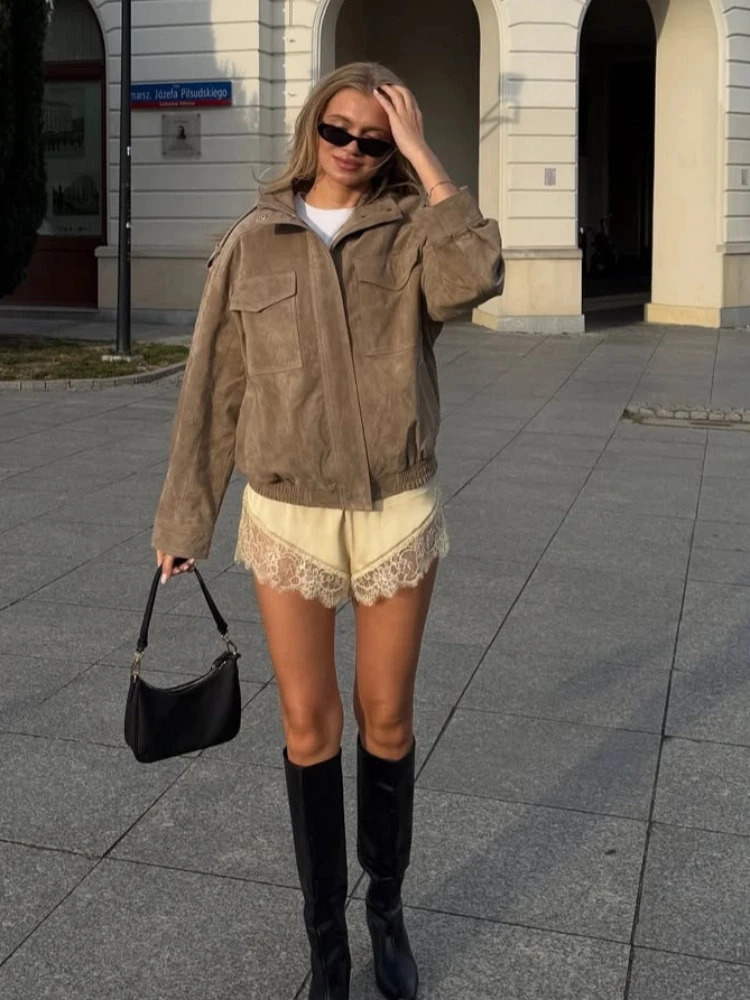 Fashion Short Women Suede Jacket Chic Stand Collar Zipper Pocket Loose Coats Casual Ladies Autumn Daily Highstreet Outerwear 251017