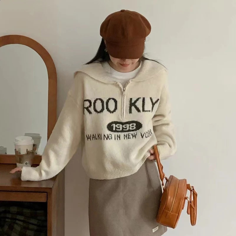 Trend Letter Embroidery Womens Sweater Half Zipper Crew Neck Sweater Woman Autumn Winter Loose Long Sleeve Short Pullovers Lady 251023