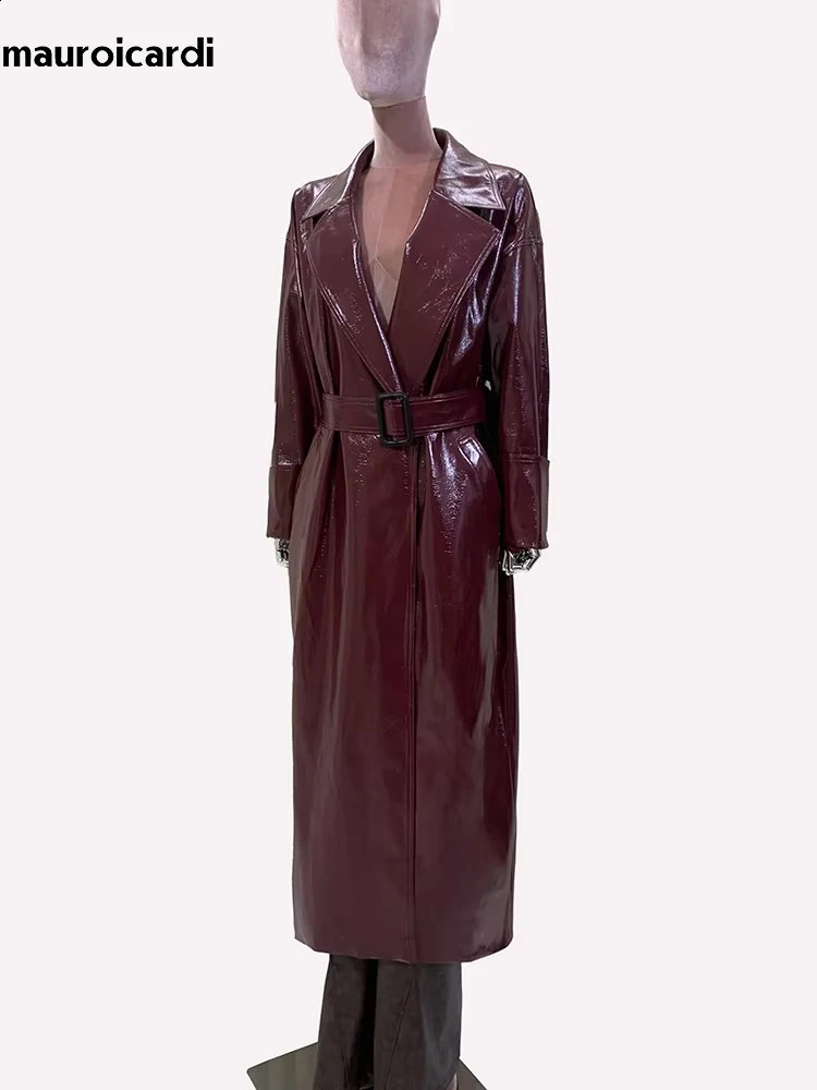 Mauroicardi Spring Autumn Extra Long Oversized Pu Leather Trench Coat for Women Sashes Elegant Chic y ner Clothes 251017