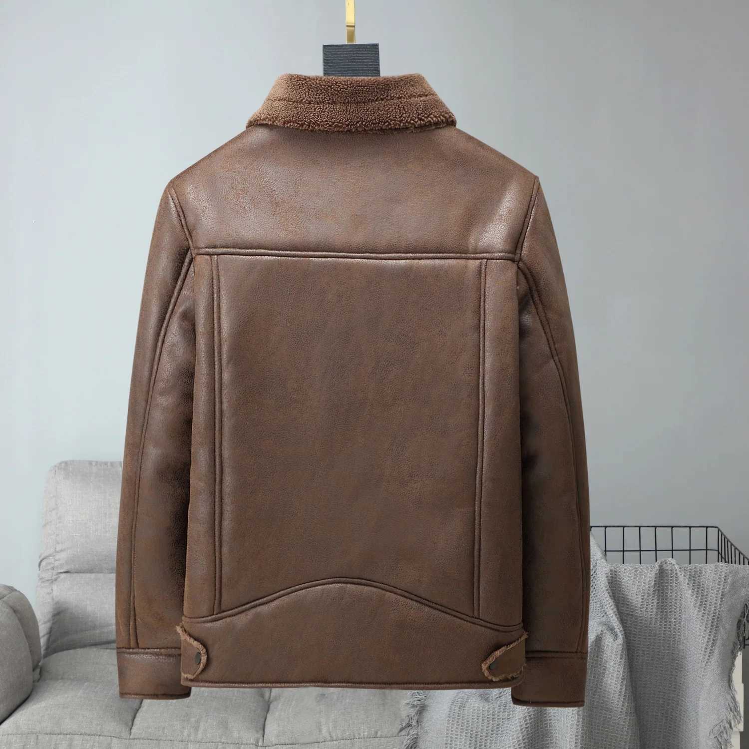 Leather Coat Men Plus Thick Fleece Men Fur Collar Velvet Autumn and Winter New Thickened Youth Main Mens Winter Leather Coat W251023