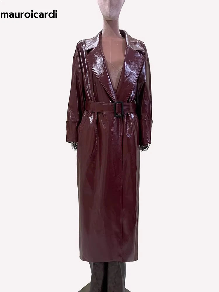 Mauroicardi Spring Autumn Extra Long Oversized Pu Leather Trench Coat for Women Sashes Elegant Chic y ner Clothes 251017