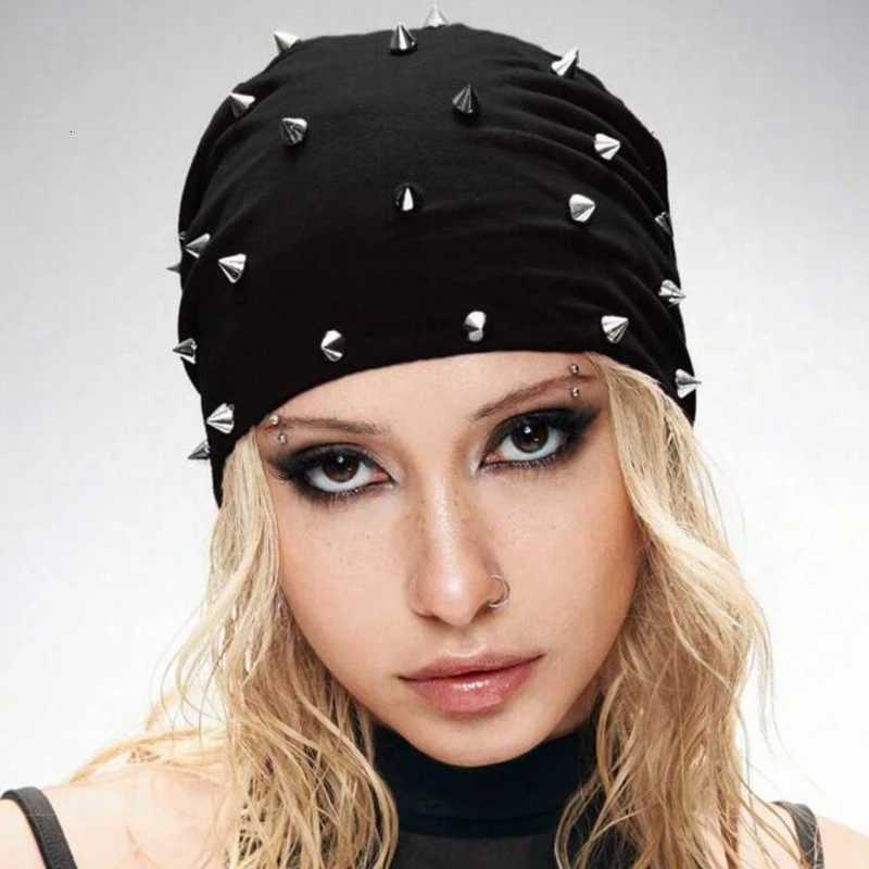 1pc Punk Style Rivet Decorated Knitted HatPersonalized Punk Rivet Y2K Vintage Solid Black Warm Beanie for Daily AllWinter WearXJ251023
