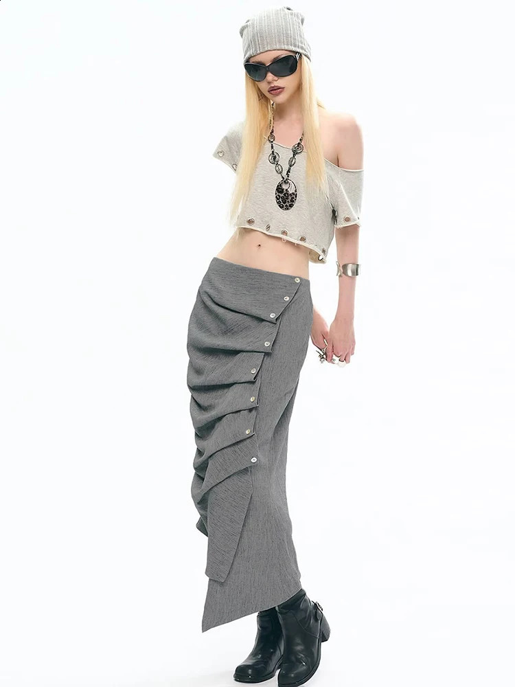Nibber Button Folds Skirts Women Irregular Hem Skinny Office Style Commute Simple Classic Autumn Trend Street Elegant Outfits 251022