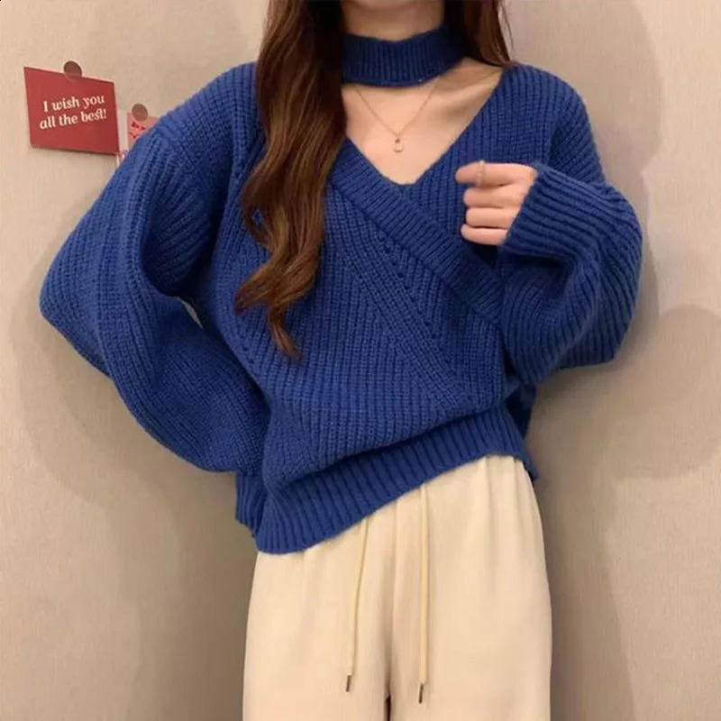 Autumn Sexy Pullovers Vneck Puff Sleeve Knit Cropped Sweaters Long Sleeved Lady Warm Off Shoulder Turtleneck Slim Jumper 251023