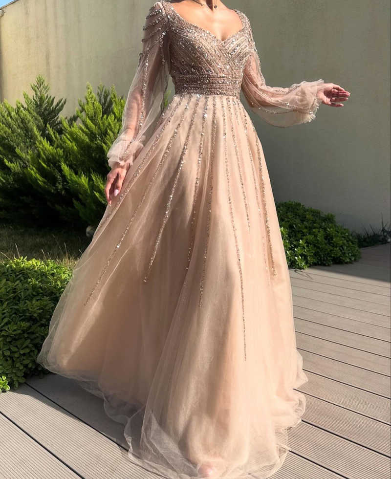 Modern Evening Dresses V-Neck Sequins Beads Tulle Long Sleeves Crystal Sequins Formal Prom Party Gowns Robe De Soriee Customized