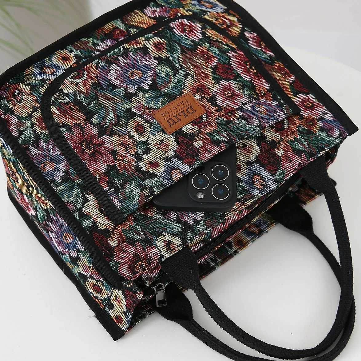 Vintage Floral Tote Bag Large Capacity Outdoor Mommy Bag Oil Painting Style Office Portable Lunch Box Storage Bag Thickened FabrL251023