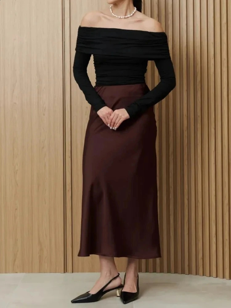 Black Womens Skirt Fashion Temperament Elegant Long Autumn Simple Comfort Champagne Elastic High Waist Skirts 251022
