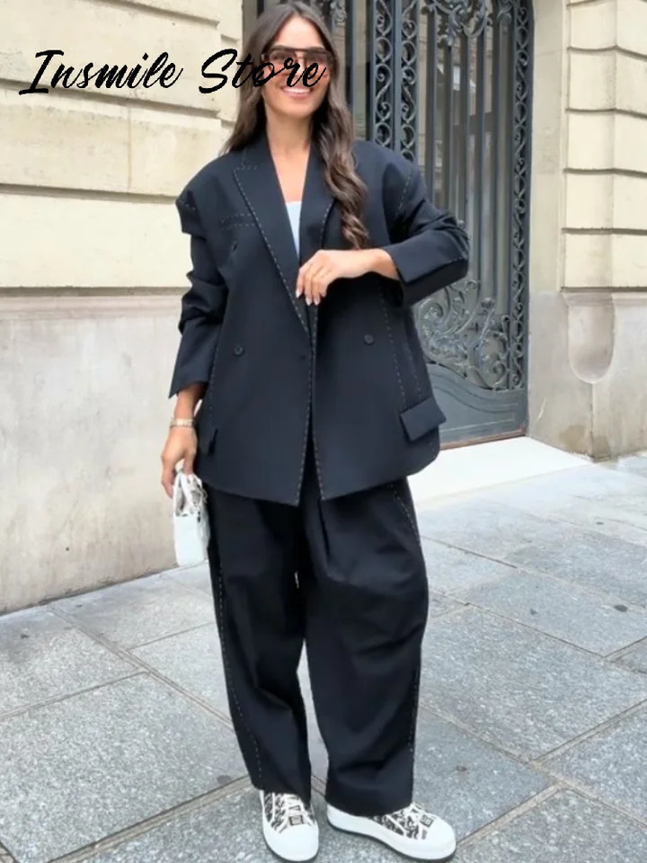 Chic Line Blazer Pants Set Women Lapel Full Sleeve Double Breasted Coat Pleated Wide Leg Pant Autumn Lady 2 Pieces Suit 251016