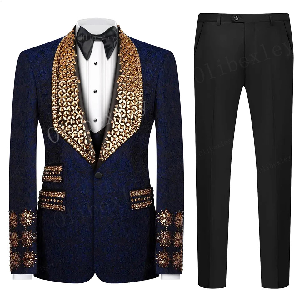 B13 Navy Blue Men Suits Set 2 Piece Blazer Pants y Crystals Groom Wedding Tuxedo Single Breasted Custom Made Prom 251023