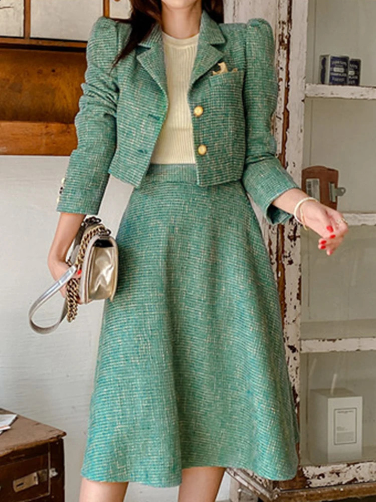 Fashion Office Lady Outfit Vintage Bule Long Sleeve Short Blazer Women Coat Suit Jacket Zipper Midi Skirt Business 2 Piece Sets 251022