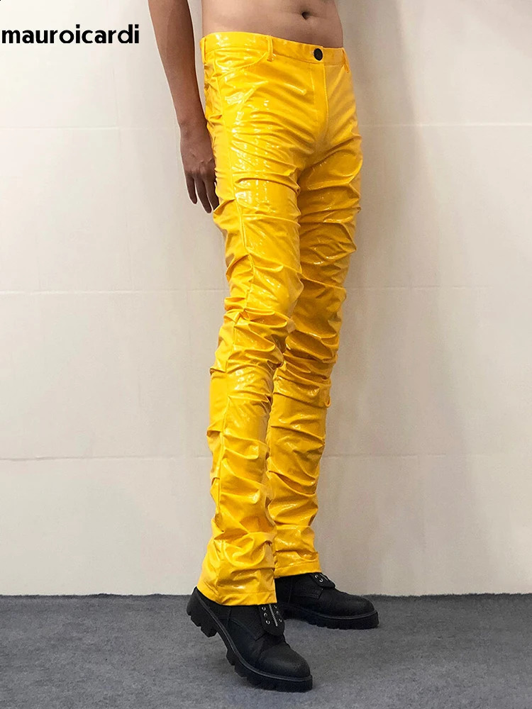 Mauroicardi Spring Autumn Yellow Blue Shiny Reflective Stretchy Soft PVC Faux Leather Stacked Pants for Men Y2K Streetwear 251023