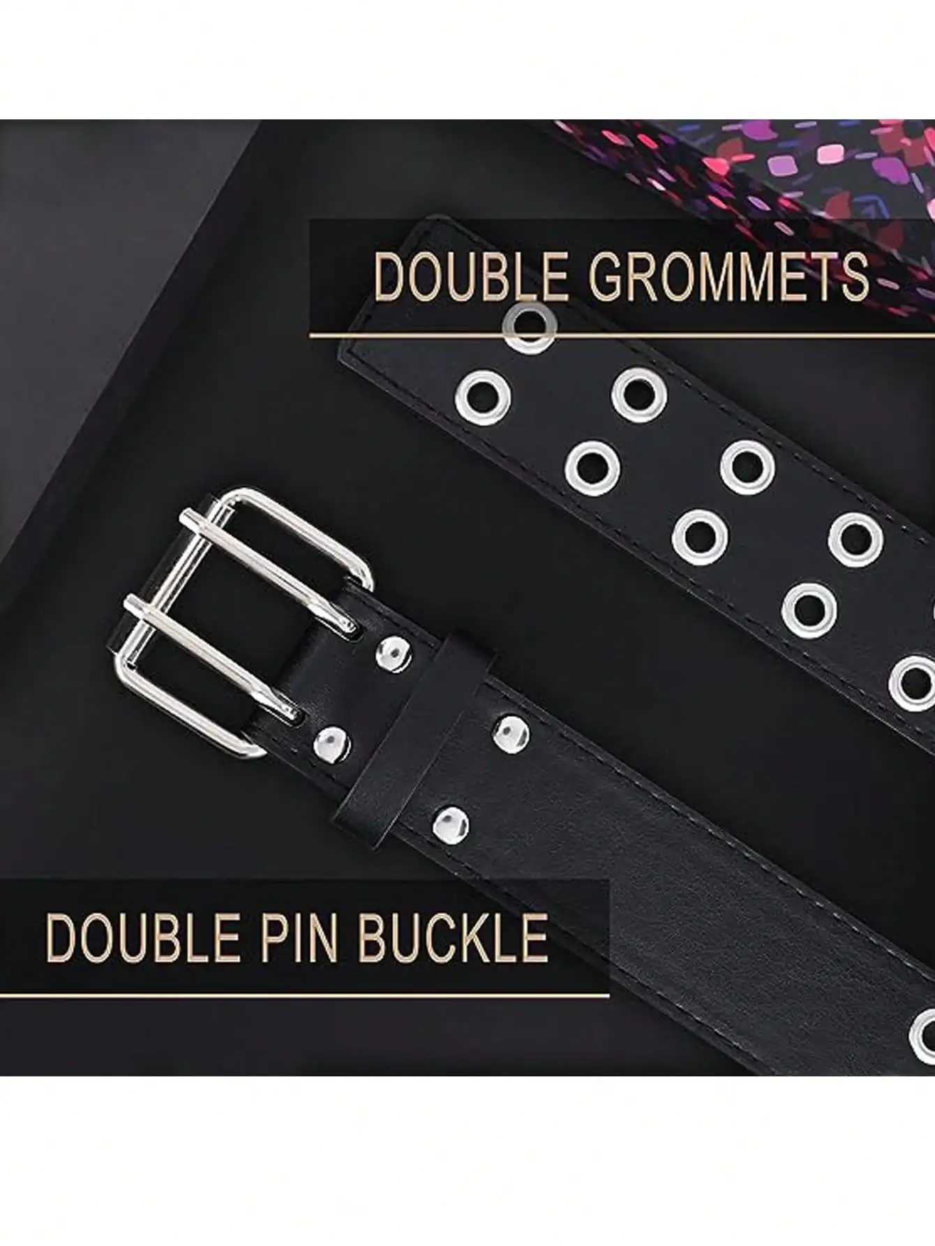 Black punk style personality Fashion belt Double riveted hole belt Black Metal Adjustable size for women men 110cm longXJ251023