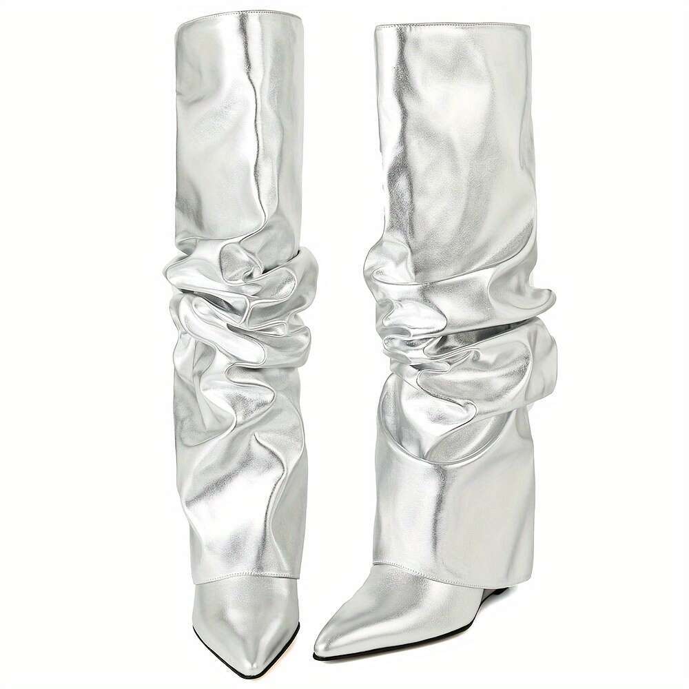 2026 Women's Knee High Shark Foldable Loose Pleated Boots, Wedge-Shaped High-Heeled Pointed Ankle Boots