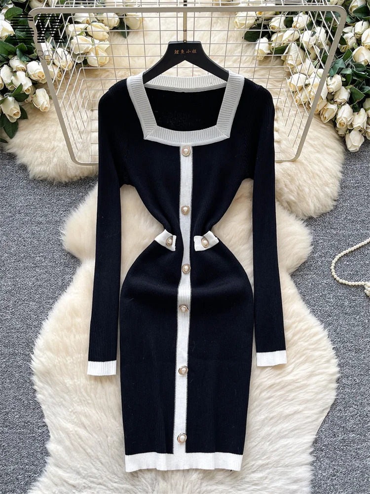 SINGREINY French Knitted Dress Ladies Color Block Long Sleeve Pearl Button n Square Collar Autumn Women Bodycon Chic 251022