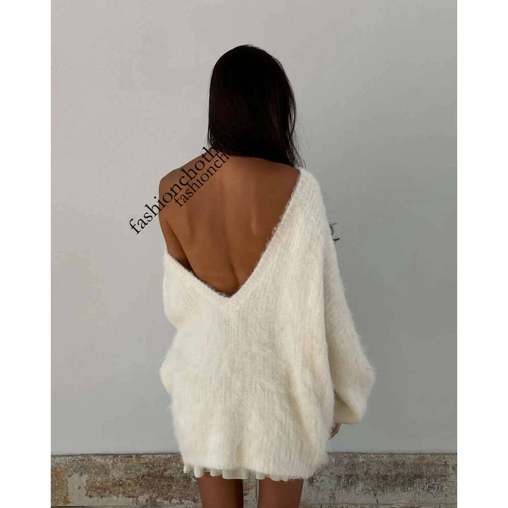New Female Street Pullover Women Sexy Mohair Pink Backless Sweater Elegant O-neck Long Lantern Sleeves Loose Knitwear