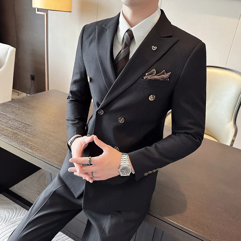 Mens Double Breasted 32 Piece Business Casual Wedding Dress Suit with Trousers Regular Fit Bridegroom High Sense 251023