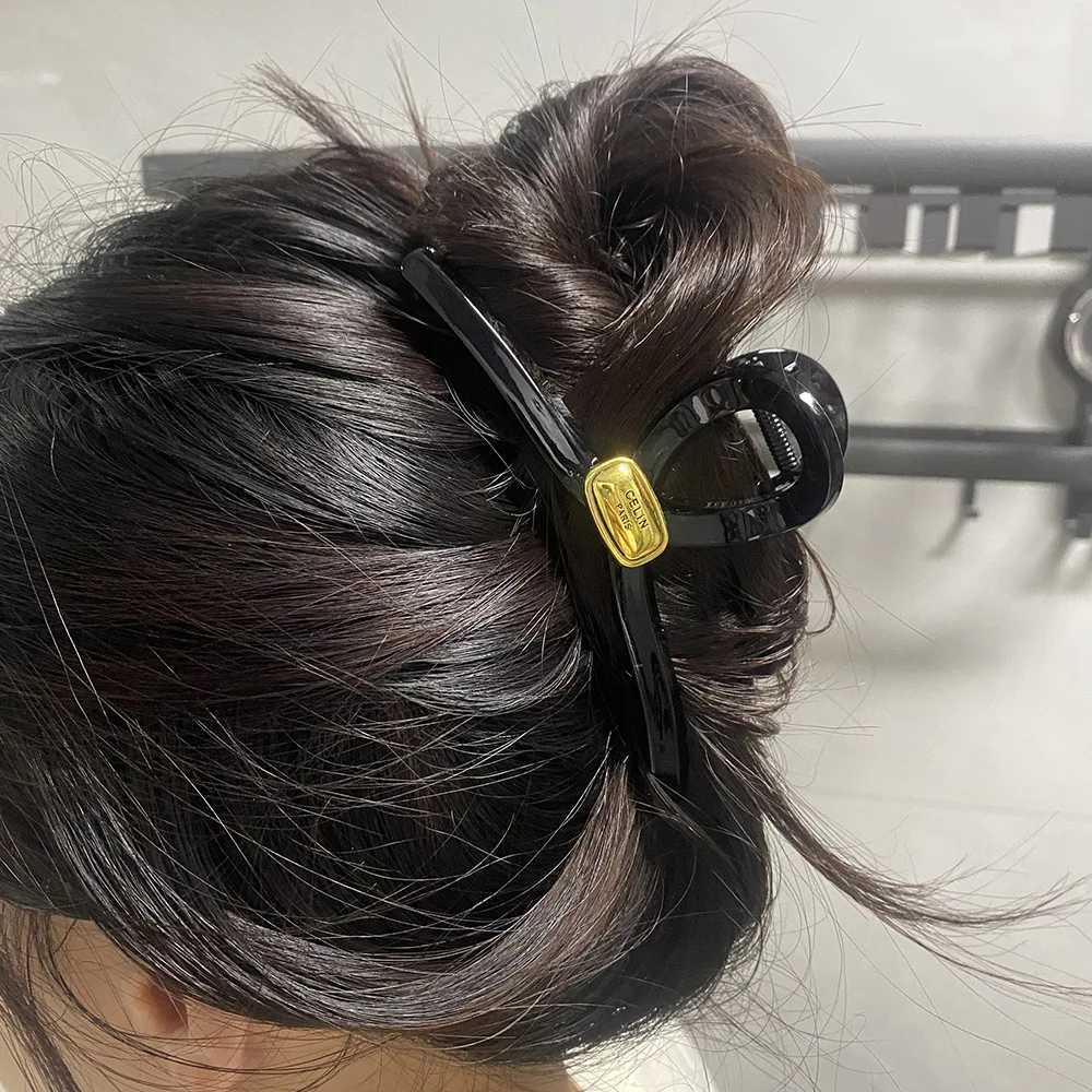 And Simple 14cm Gold Tag Bright Black Hair Clip Fem Ol Fashion Hairpin Gold Label Prum Grab Clip Simple Heaear Y251023