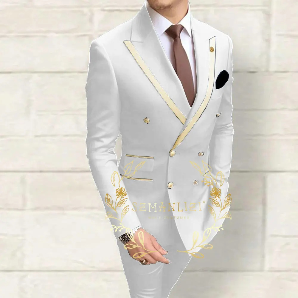 Double Breasted Mens Suits Navy Blue Peaked Lapel Slim Fit Wedding Groomsmen 2 Piece Sets Jacket Pants Costume Homme 251023