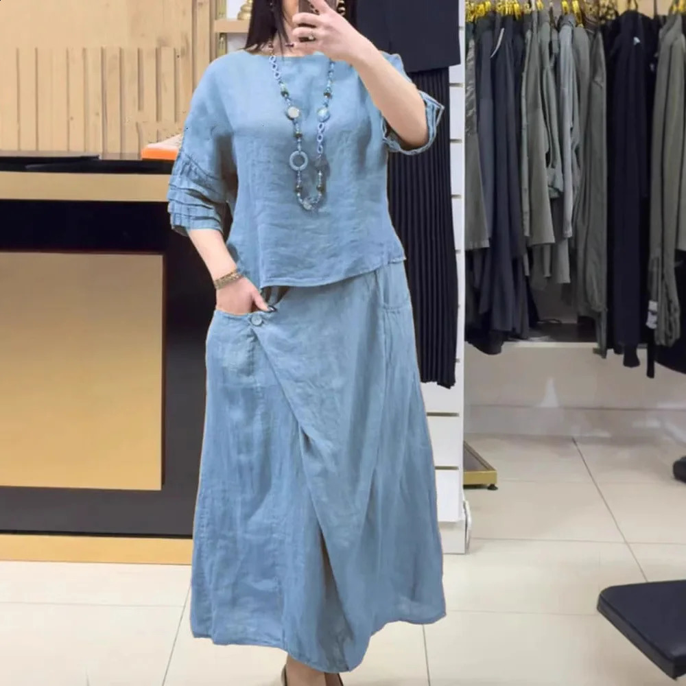 Spring Summer Womens Skirt Suit Pullover Top Oneck Irregular Long Simple Elegant Casual Solid Color 2piece Sets 251022