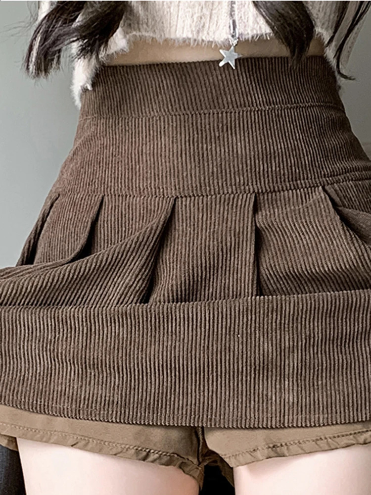 High Waisted Vintage Women Short Pleated Skirt With Pocket Autumn Winter Causal Sweet Corduroy ALine Skirts Lady 251022