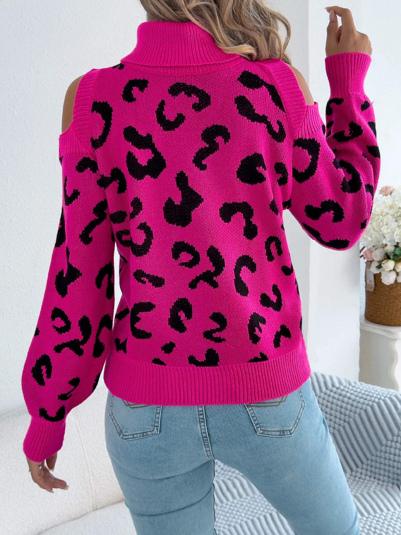 Womens Off Shoulder Leopard Print Tops Casual Turtleneck Lantern Long Sleeve Knitted Sweaters for Autumn Winter Khaki Rose 251023