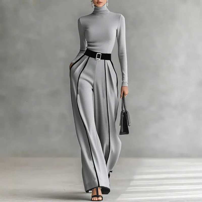 Winter Turtleneck Long Sleeve 2 Piece Sets Retro Solid Slim Top PulloverWide Leg Pant Suits Fall Contrast Color Straight OutfitT251022