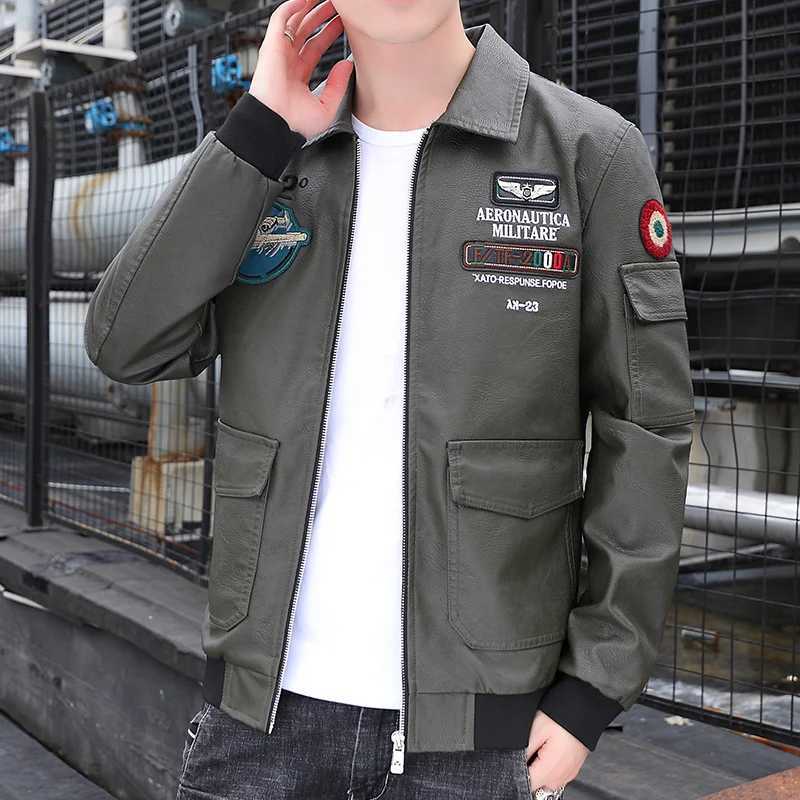 Embroidered Print Handsome Leather Coat Mens Spring and Autumn Business Casual Young Mens Leather Jacket Lapel Fashion Coat W251023