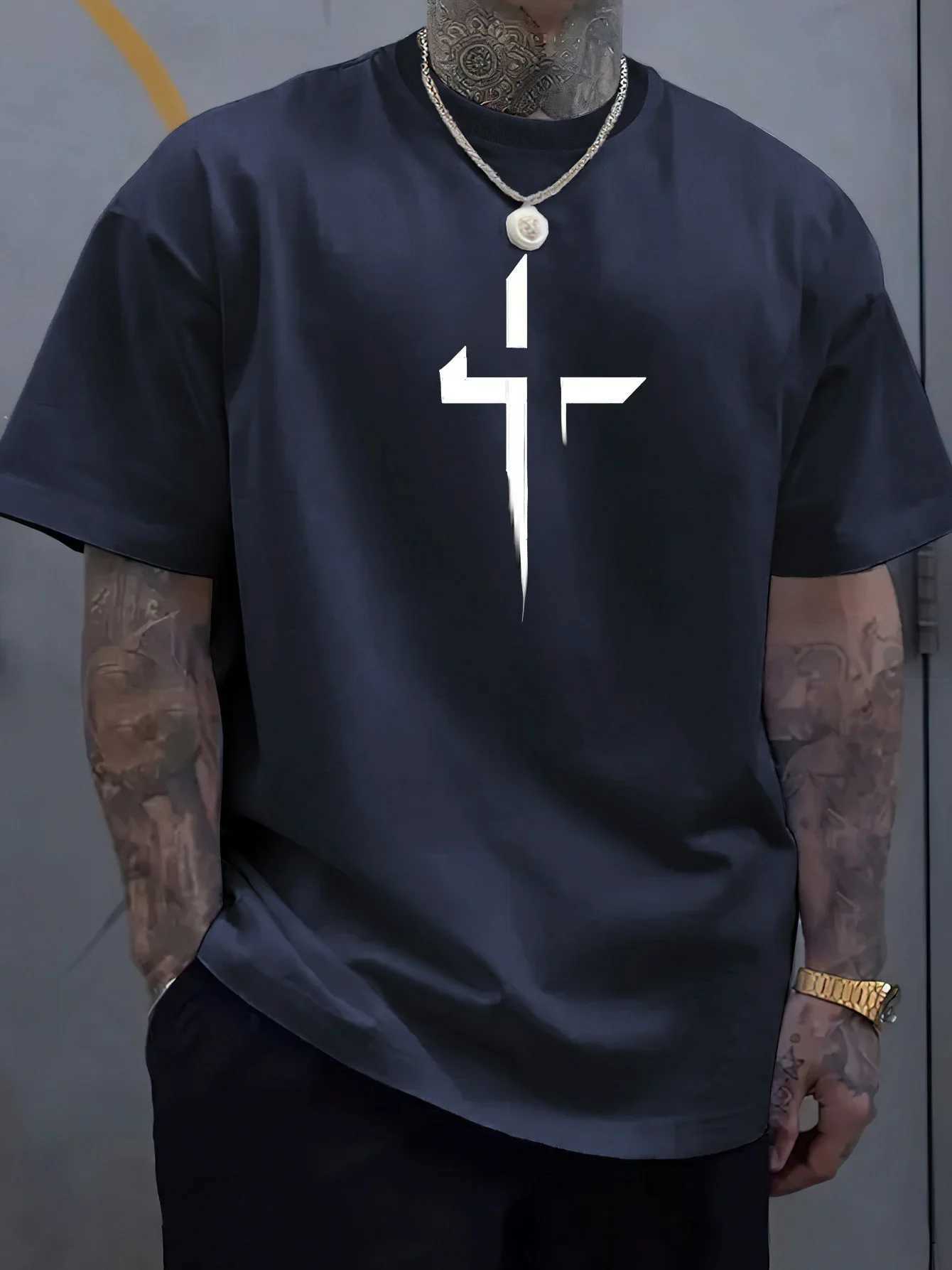 Summer mens casual loose plus size Cross Creative printed sports comfortable round neck short sleeved TshirtXJ251023