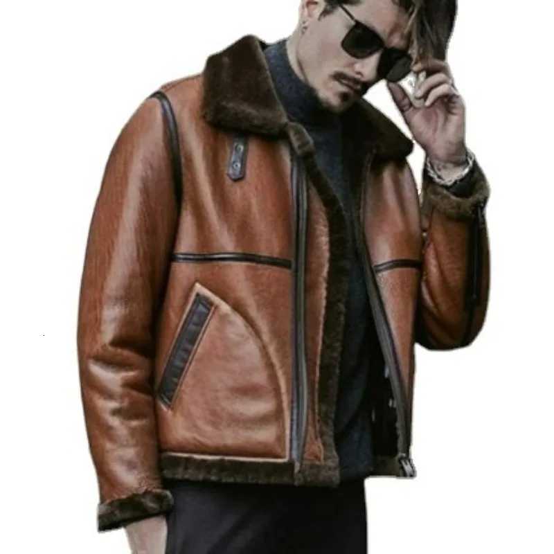 Mens Coats Winter Jackets Leather and Fur Integrated Autumn and Winter Twocolor Spliced Flying Jacket Men Clothing Brown Color W251023