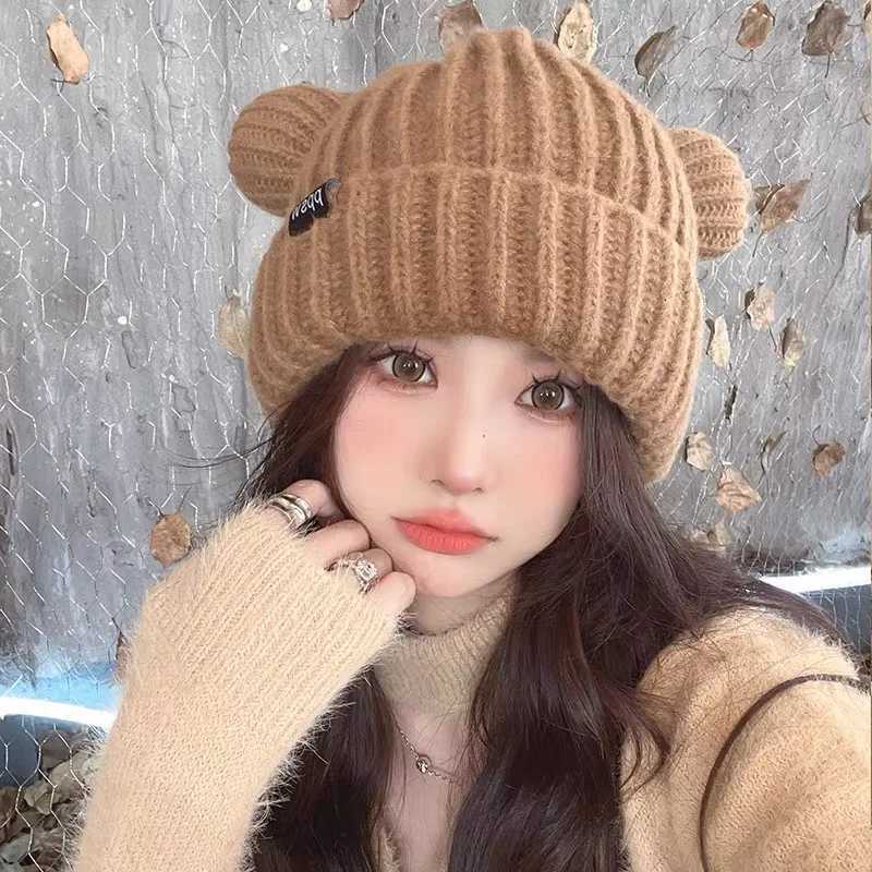 Cute Bear Ear Knitted Wool Hat Women Fashion Hooded Thick Beanies Cap Winter Warm Woolen Hats Designer Kpop Personality BonnetXJ251023