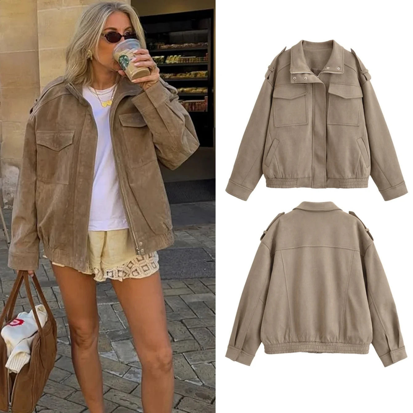 Women Suede Jacket Coat Fall Winter Fashion Zipper Pockets Loose Coats Chic Female Leisure Outerwear Woman clothing 251013