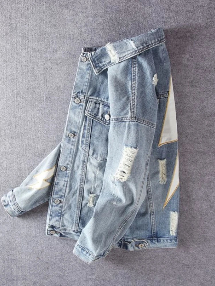 Mens Patchwork Denim Jacket with Embroidered Prints Frayed Distressed Biker Moto Coat Trendy Spring Streetwear Outer Clothing 251017