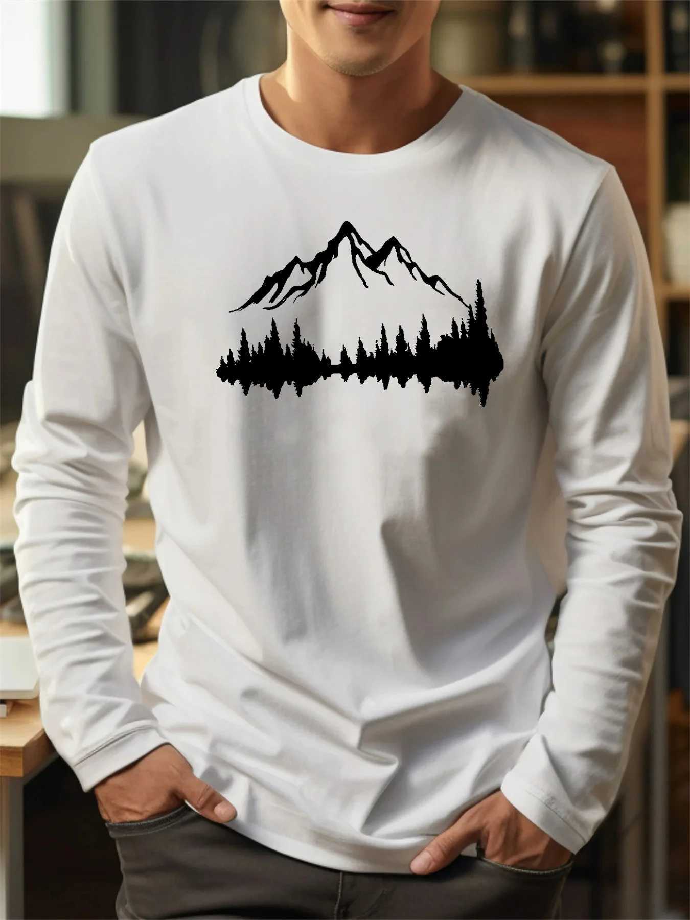 Mens 100 pure cotton loose fit comfortable casual sports mountain reflection pattern printed round neck long sleeved TshirtXJ251023